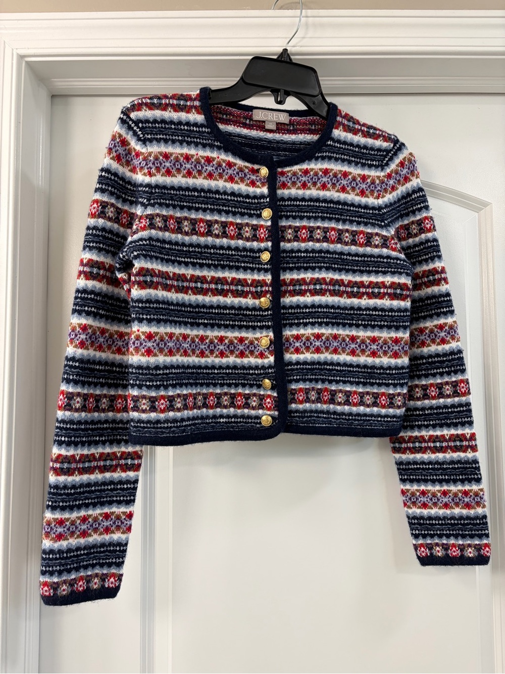 J. Crew Boiled Wool Blend Fair Isle cropp Lady  sweater/Jacket navy /red size XS